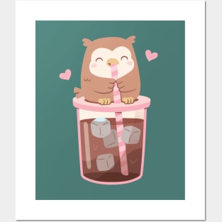 Cute Little Owl Enjoying Iced Coffee Posters and Art